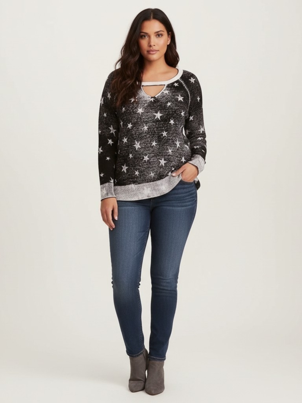 Torrid Star Print Black Cutout Neck Sweater, Raglan Sleeve Black and White, 3x